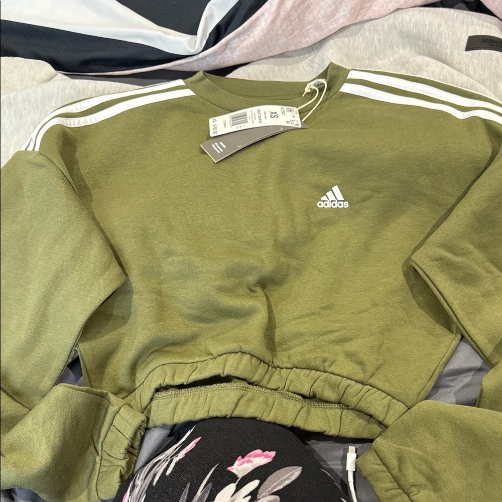 Adidas Green Cropped Sweatshirt with White Stripes